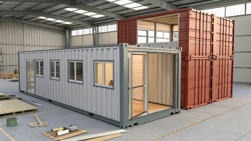 A crane lifting a shipping container module onto a foundation.