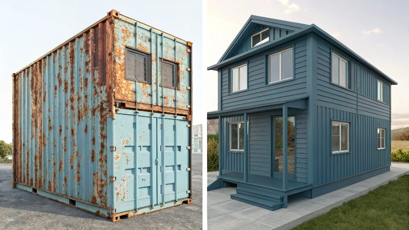 A worker applying a protective coating to a [shipping container home](https://portshippingcontainers.com.au/blog/living-in-a-shipping-container-home/)<sup id=