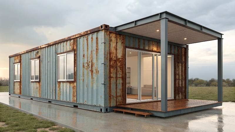 Close-up of a [rust](https://www.bigsteelbox.com/resources/shipping-container-homes-pros-and-cons/)<sup id=